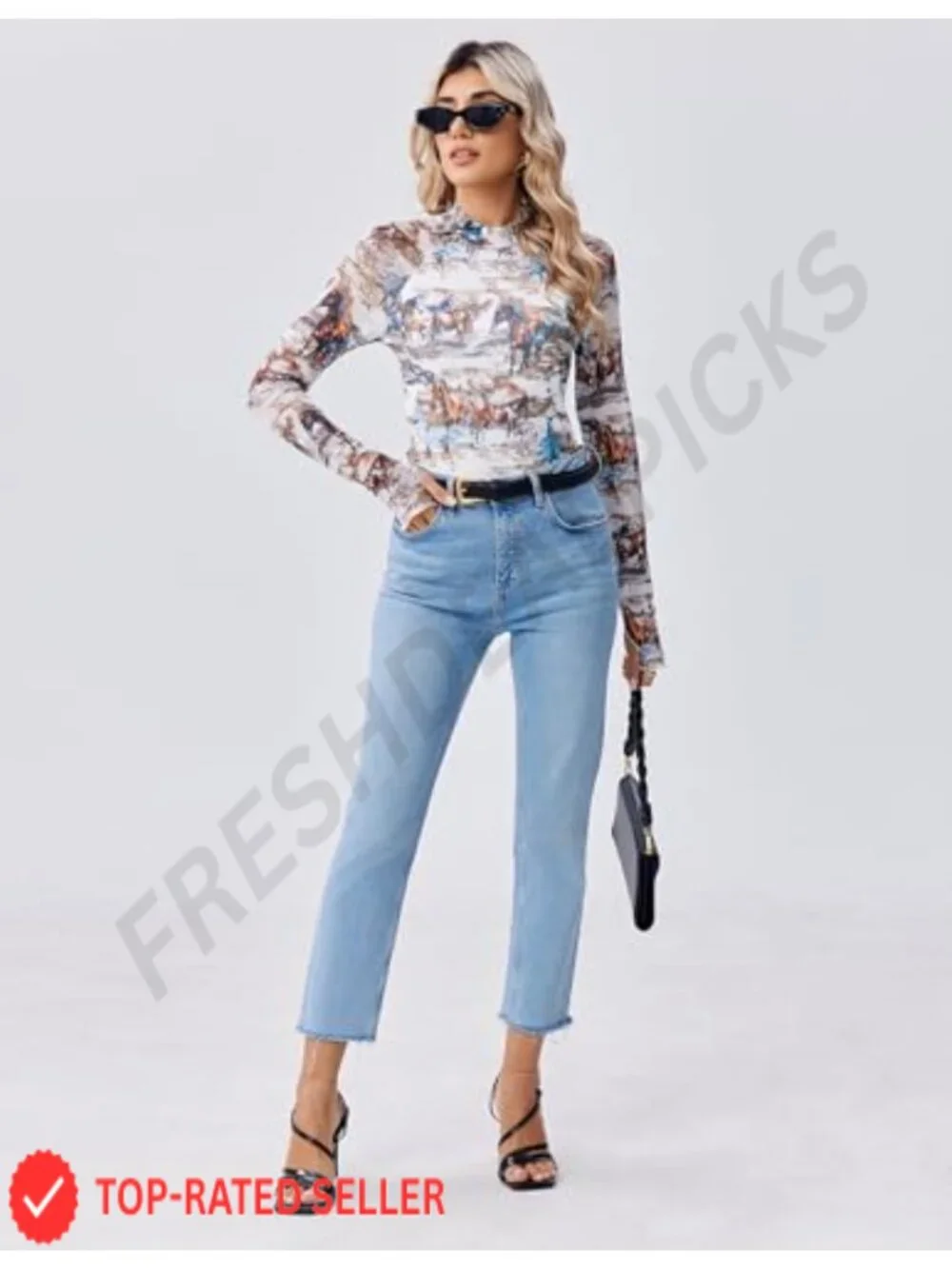 Women's Long Sleeve Floral Mesh Sheer Top Mock Neck Double Lined Fitted Blouse - Picture 4 of 6